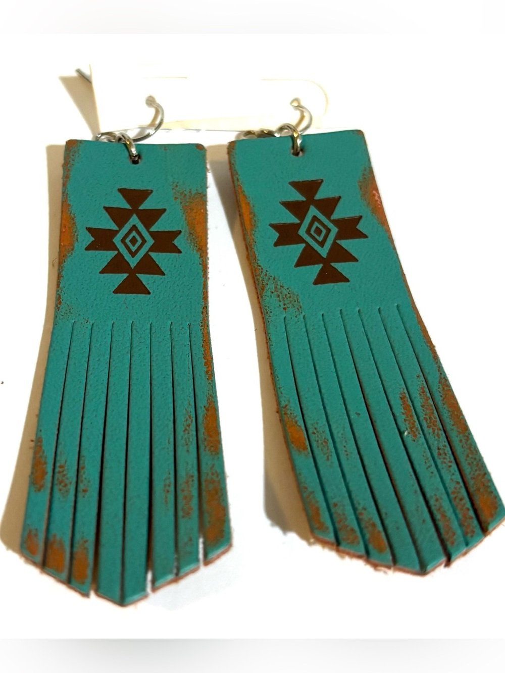 Turquoise Fringe Leather Earrings with Southwestern Motif